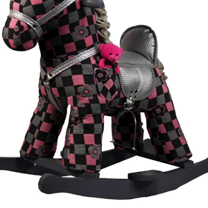 راکر اسب کودک چوبی شطرنجی گل دار خاکستری -اسباب بازی